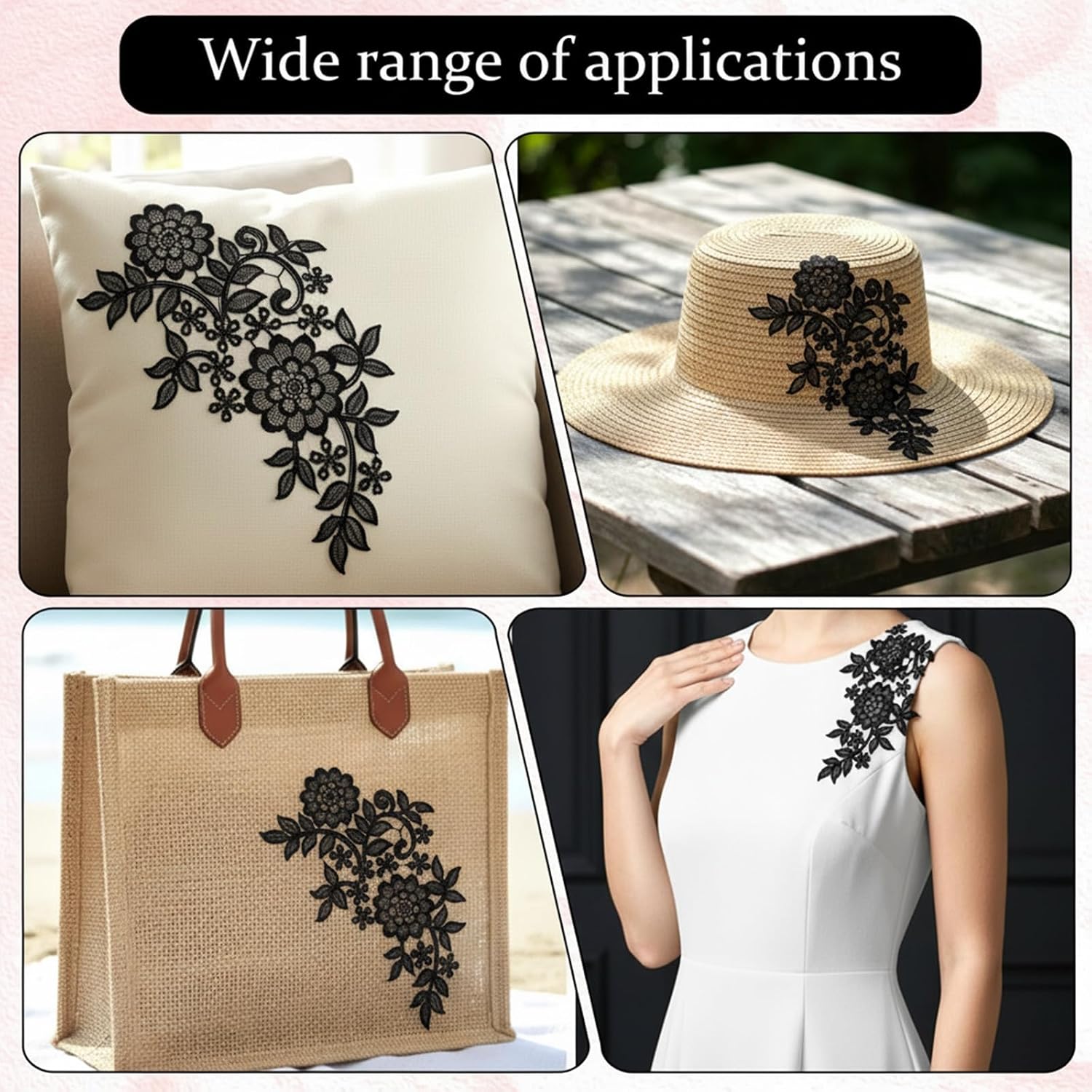 4PCS Black Embroidery Sequin Lace Applique, 3D Flowers Lace Applique, Laces Appliques Embellishments, Lace Embroidery Patches for Sewing Making Dresses Clothes Wedding Decor Bags DIY Crafts