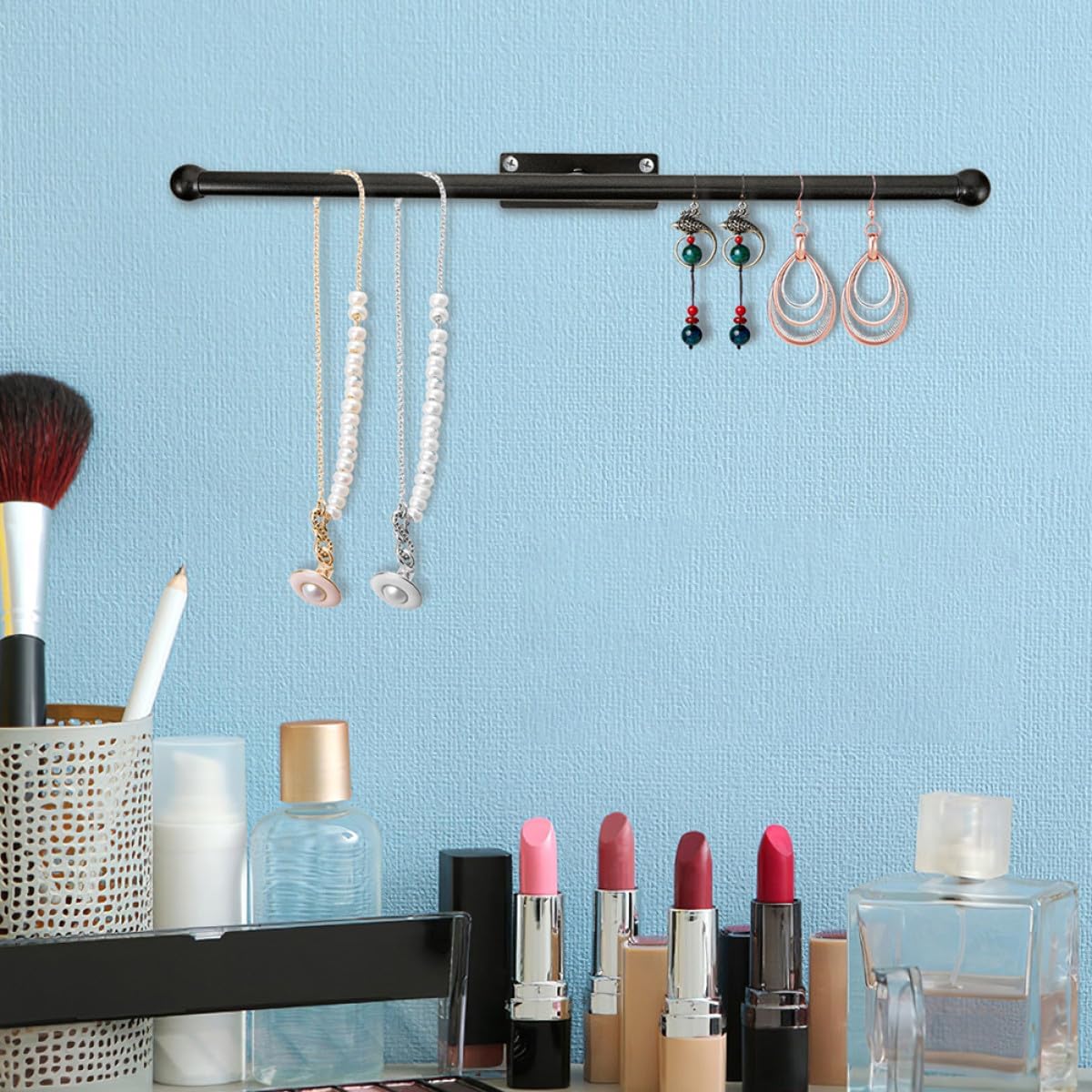 2pcs Wall-mount Jewelry Display Rack Black Rustic Necklace Organizer with Hooks for Necklaces Bracelets Rings Glasses Accessory Storage