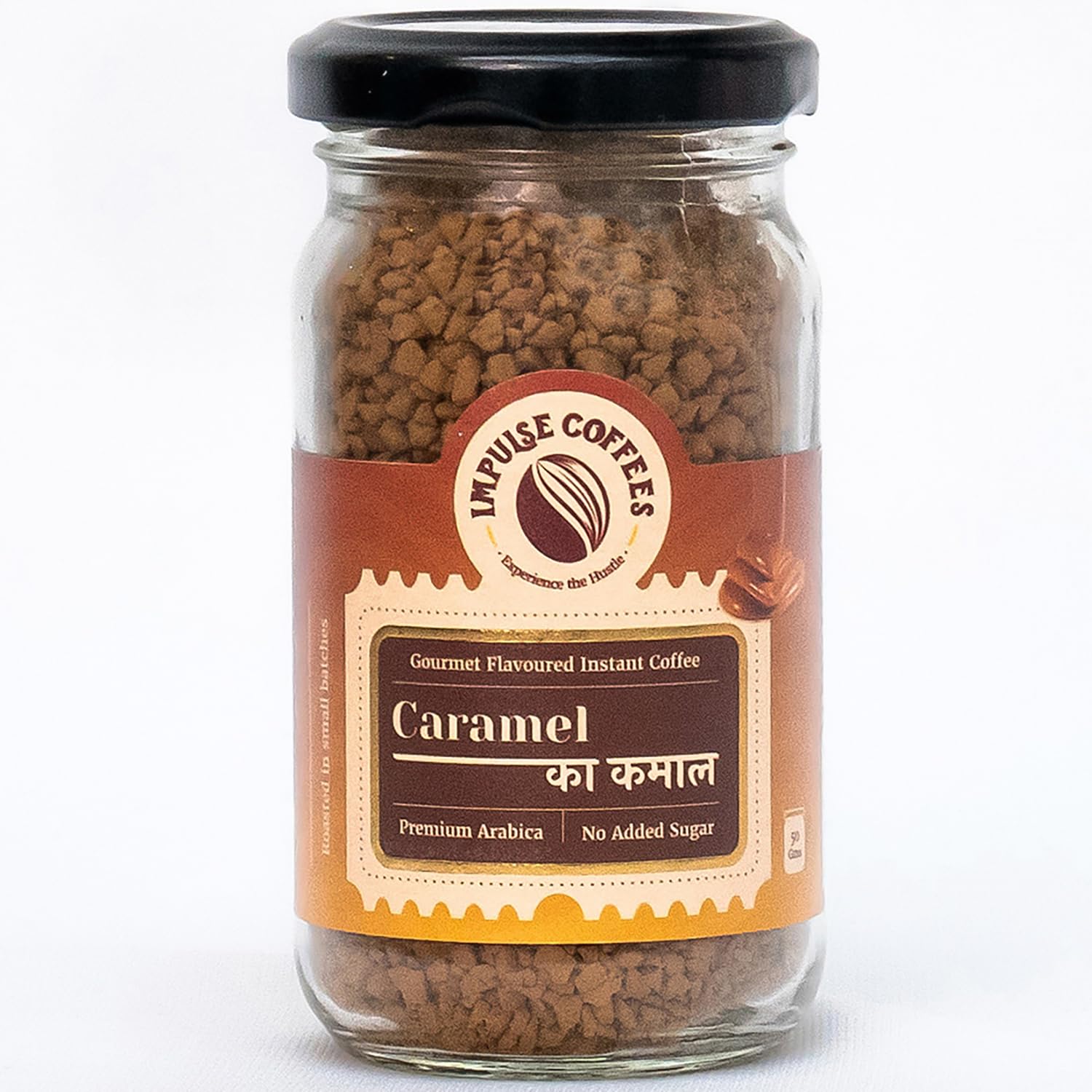 Impulse Coffees Caramel Ka Kamaal Instant Coffee Powder | Sweet Caramel Flavour with Creamy Aftertaste & Indulgent Toffee Aroma | No Added Sugar Flavoured Coffee Powder for Café-Style Brews | 50 Gms