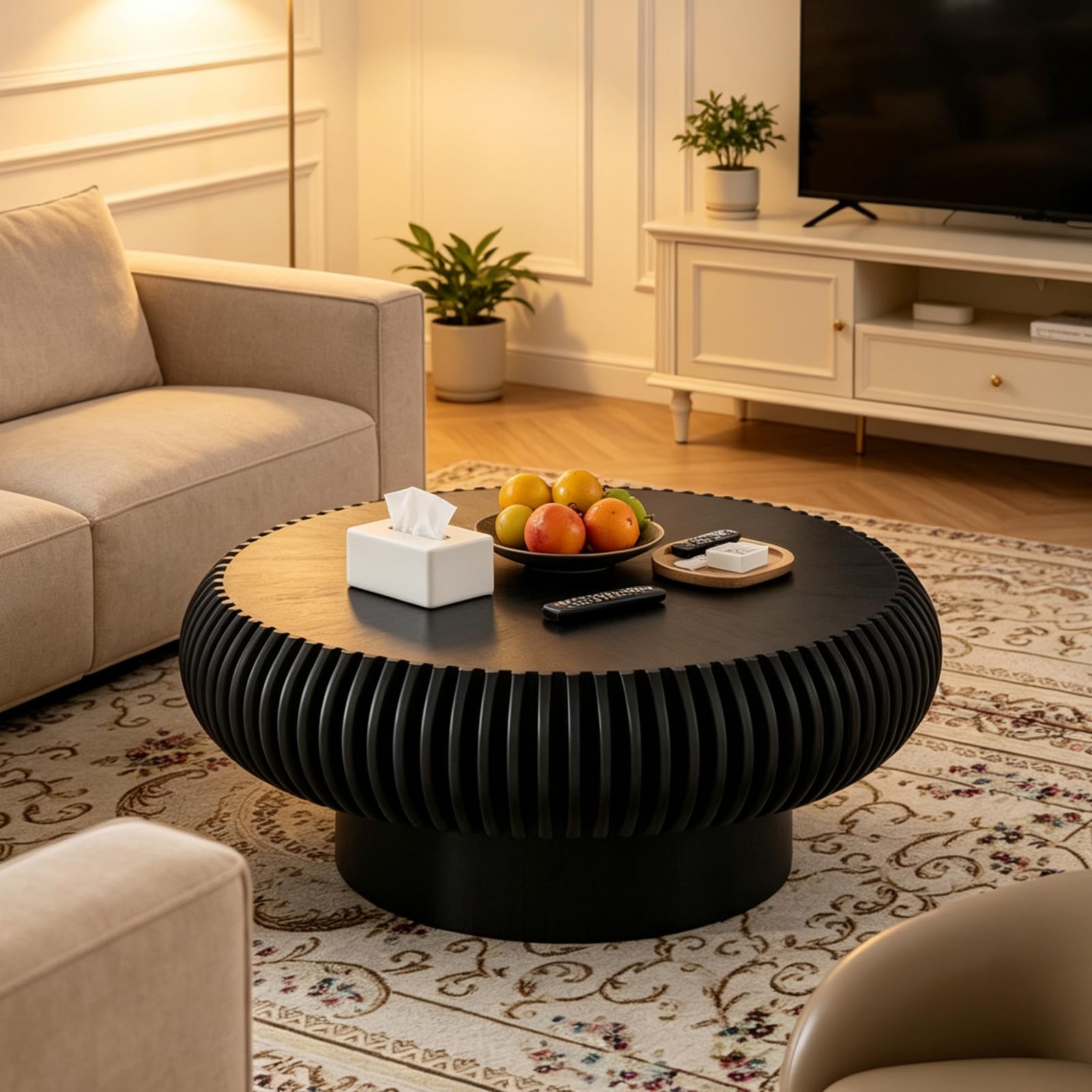 FeiZhiYanS Mid-Century Round Fluted Coffee Table for Living Room