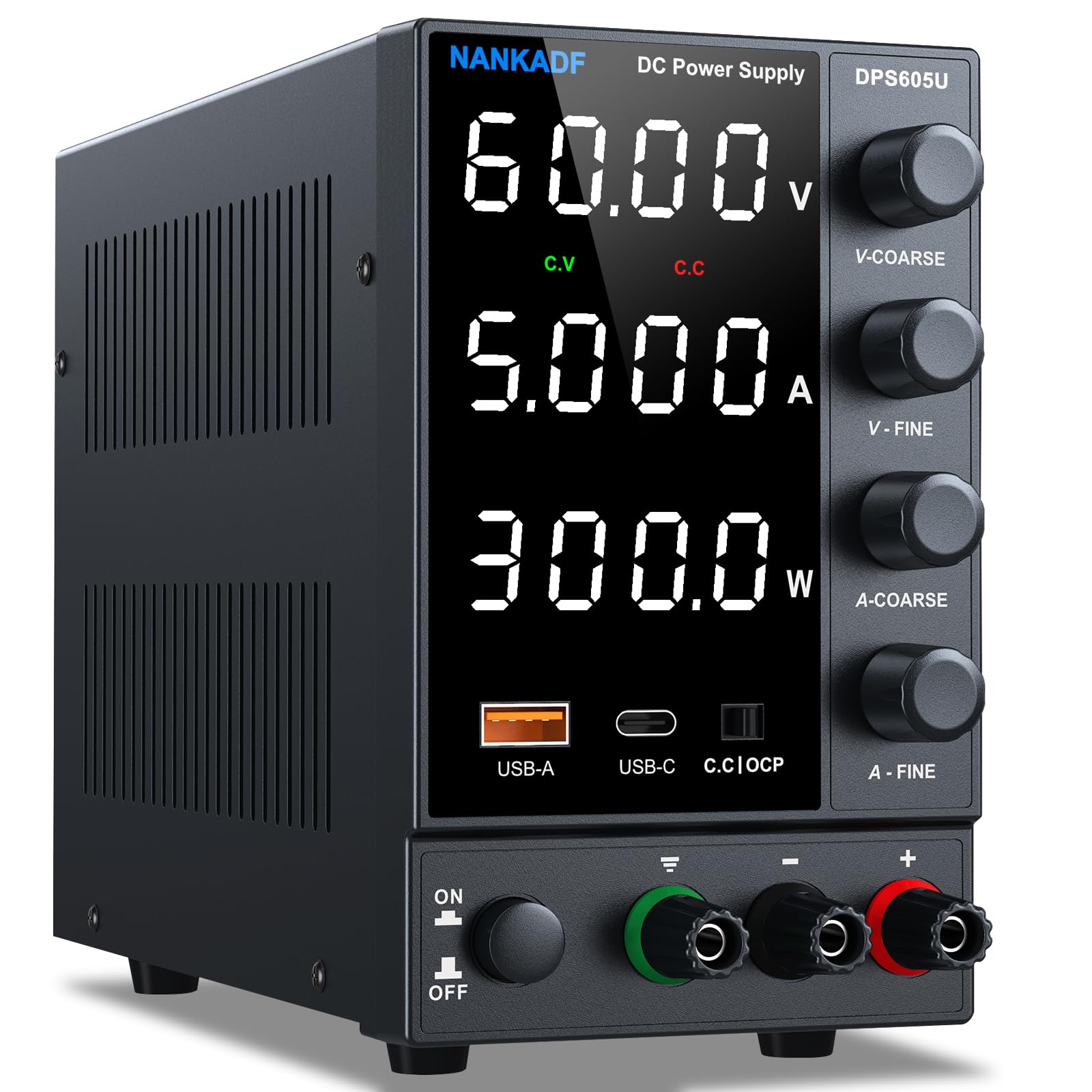 Alimentation de Laboratoire réglable 60 V 5 A, Alimentation CC réglable avec Ports USB-A/Type-C à Charge Rapide, équipée d'un écran à 4 LED Haute précision et d'un Bouton Rotatif avec encodeur