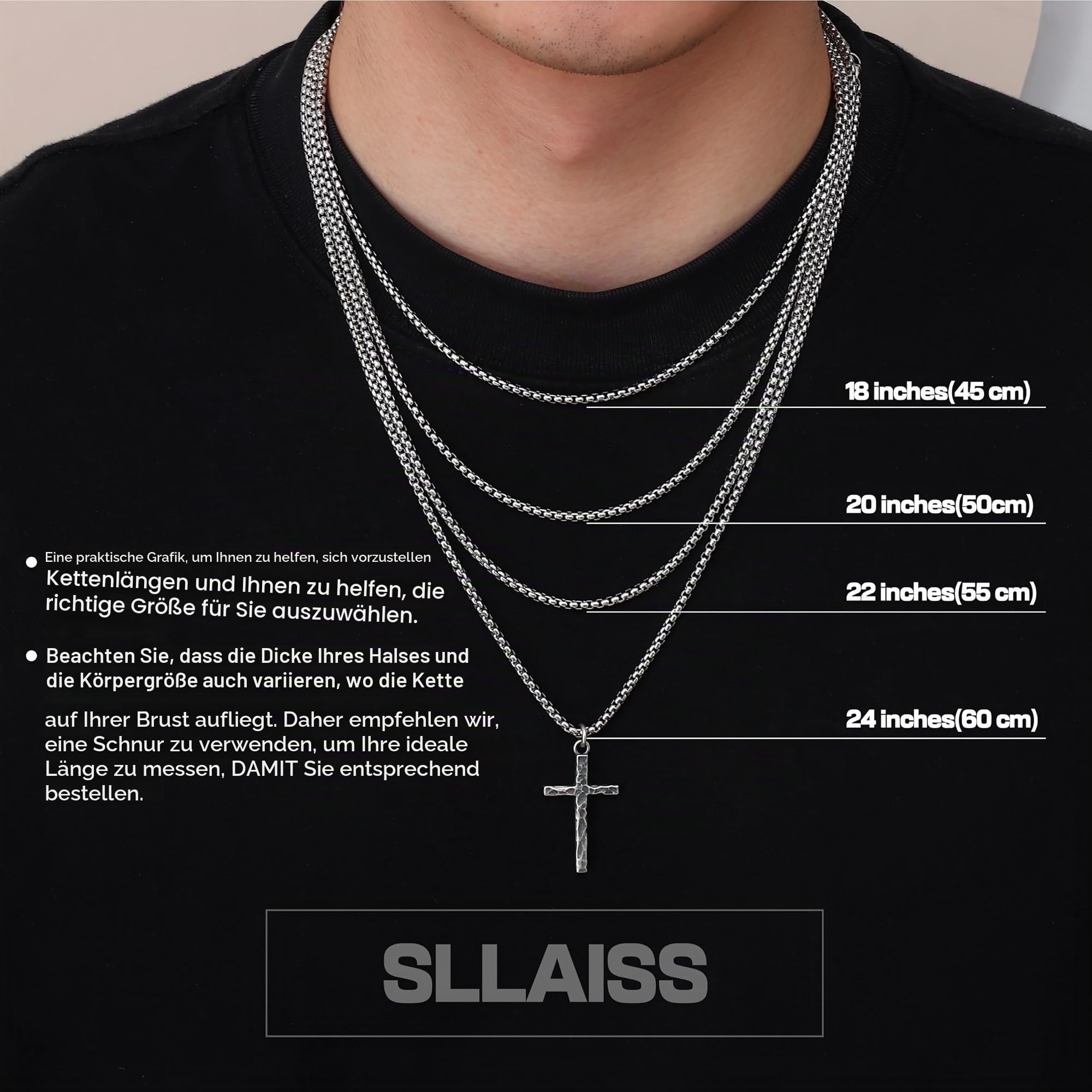 Sllaiss Kreuz Kette Herren Silber 925 Anhänger mit Edelstahlkette, Vintage | Halskette für Männer Jungen Kette mit Kreuzanhänger Silberkette Gehämmert Herrenhalskette Wasserfest 18/20/22/24/26 Zoll