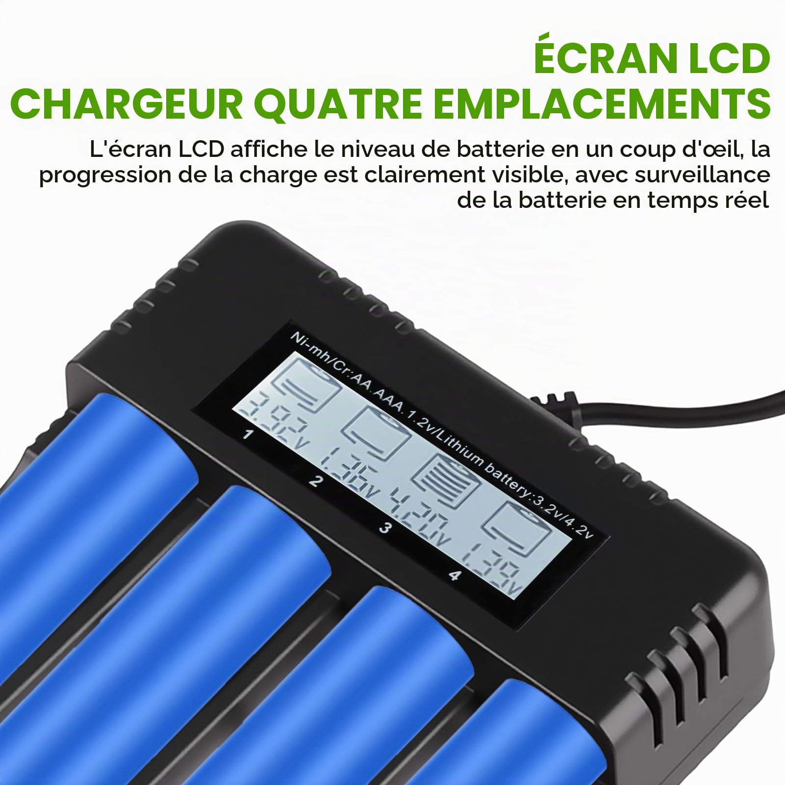 Chargeur LCD Batteries 18650 Li-ION 3.7V 4 Slots Indépendants AA AAA | Charge intelligente batteries, écran digital temps réel, protection avancée et compatibilité Li-ion NiMH pour usage quotidien