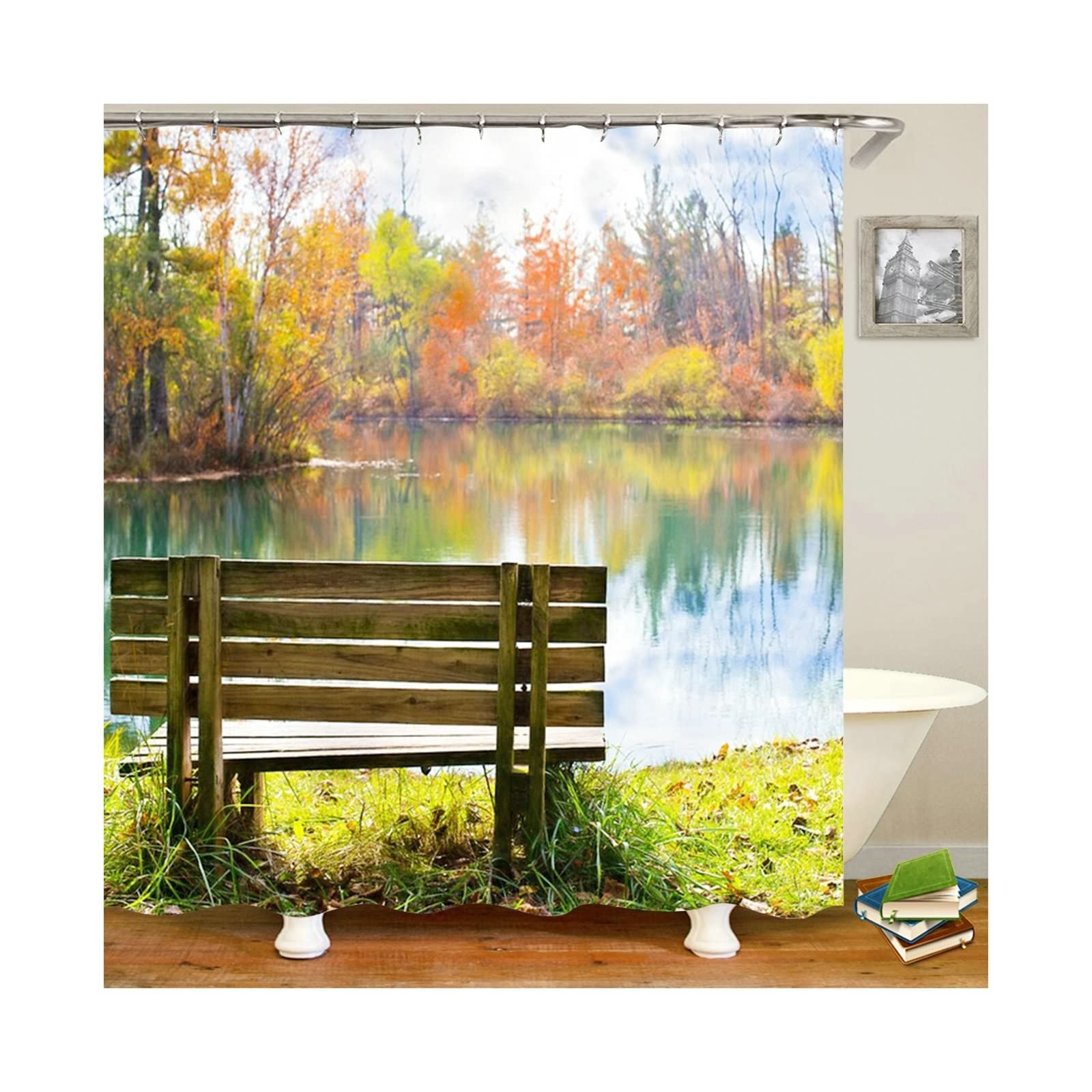 Rideau douche paysage lac arbres polyester imperméable 180x200cm avec anneaux salle de bain