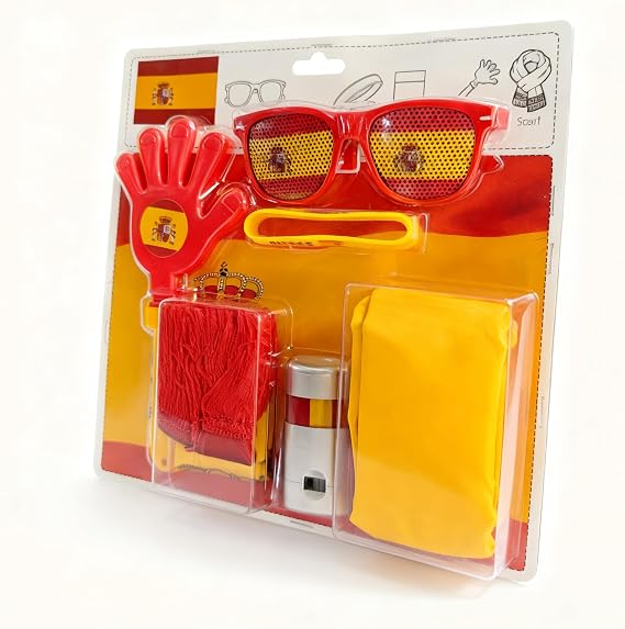 Spain 2026 World Cup Fan Kit, 6 Pcs Cheering Set for Game Day Watch Party Flag, Fan Scarf, Wristband, Flag Glasses, Hand Clapper, Blendable Face Paint Sticks