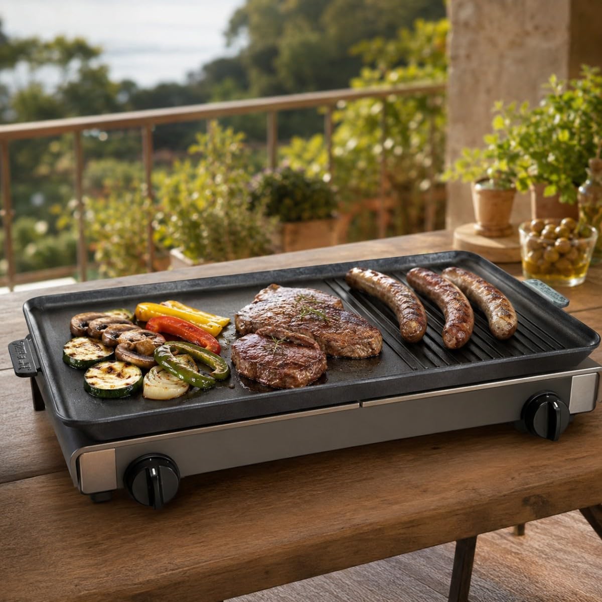 Alpen Camping – Grillplatte 53 x 28 cm für Gaskocher, 2 Flammen, glatte und geriffelte Oberfläche, Kochplatte, Aluminium
