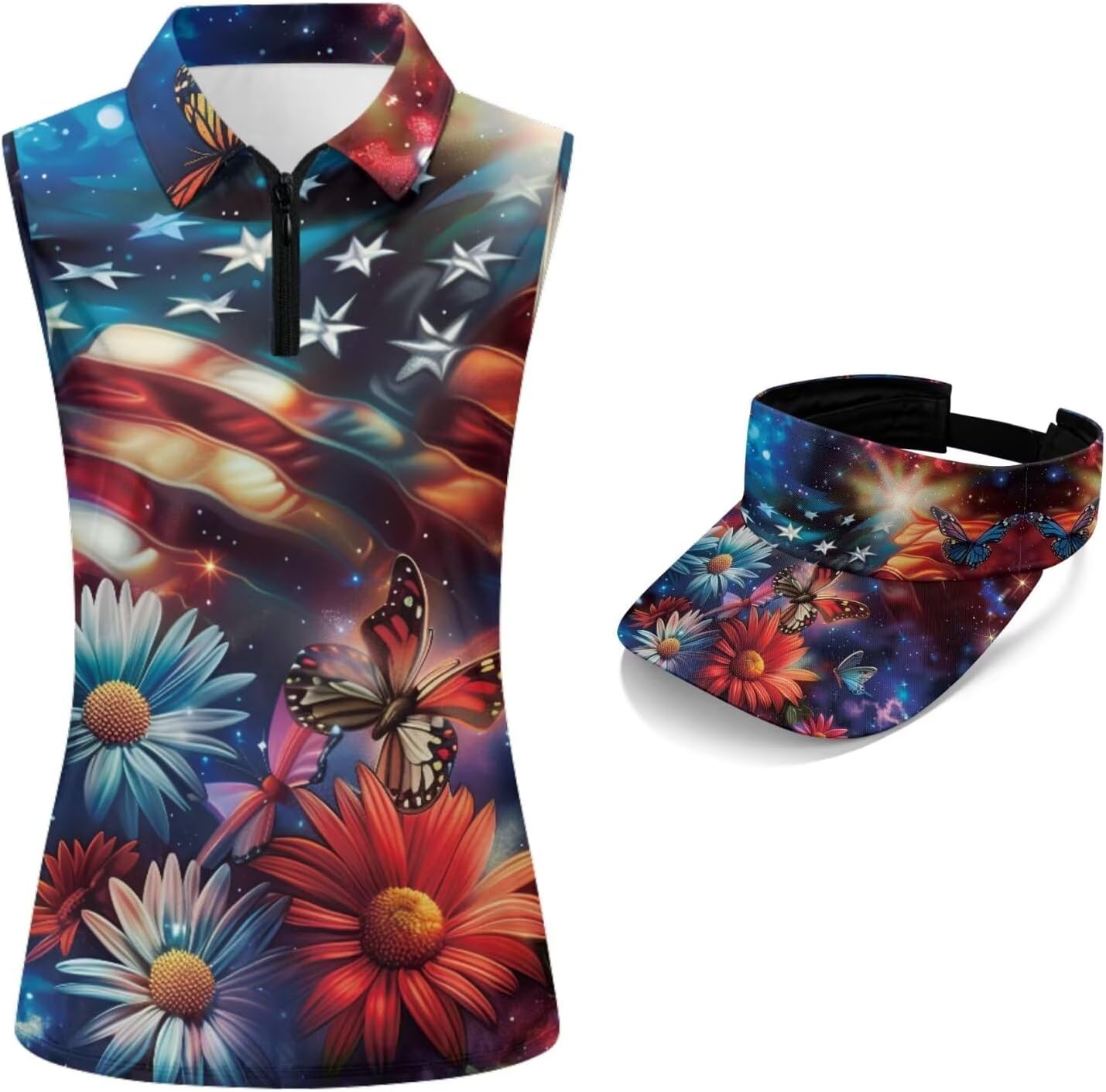 ZOUTAIRONG Womens Sleeveless Golf Shirt and Sun Visor Hat Quick Dry Tennis Shirts Athletic Tank Tops, American Flag
