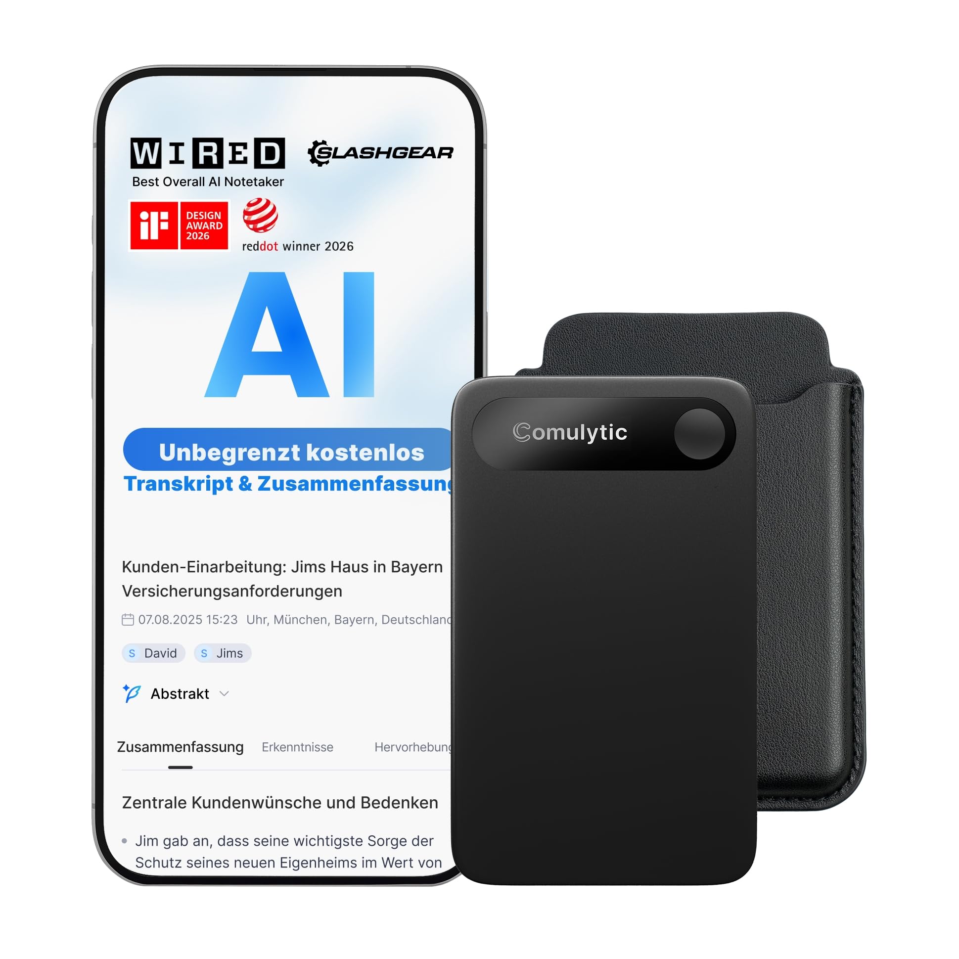 Comulytic Note Pro KI Digitales Diktiergerät Aufnahmegerät mit unbegrenzte Transkription &Zusammenfassung, Voice Recorder mit App-Steuerung & Case, 113 Sprachen für Meetings, Vorlesungen