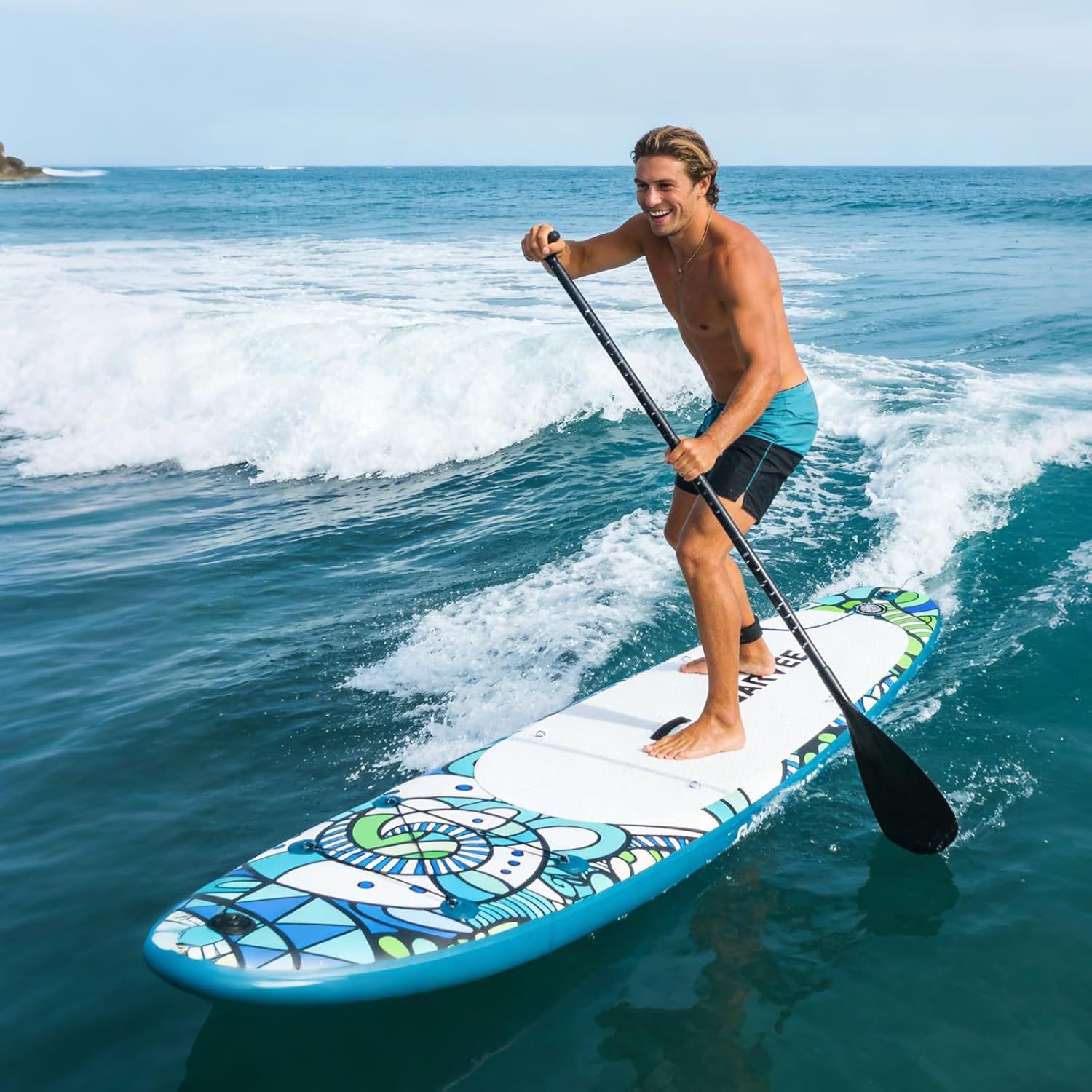 Inflatable Stand Up Paddle Board 10'6" for Adults, Feature-Packed Paddle Boards Bundle with Paddle, Quick Electric Pump, Manual Pump, Soft Seat, Sports Camera Mount, Waterproof Phone Bag, Fins, Leash