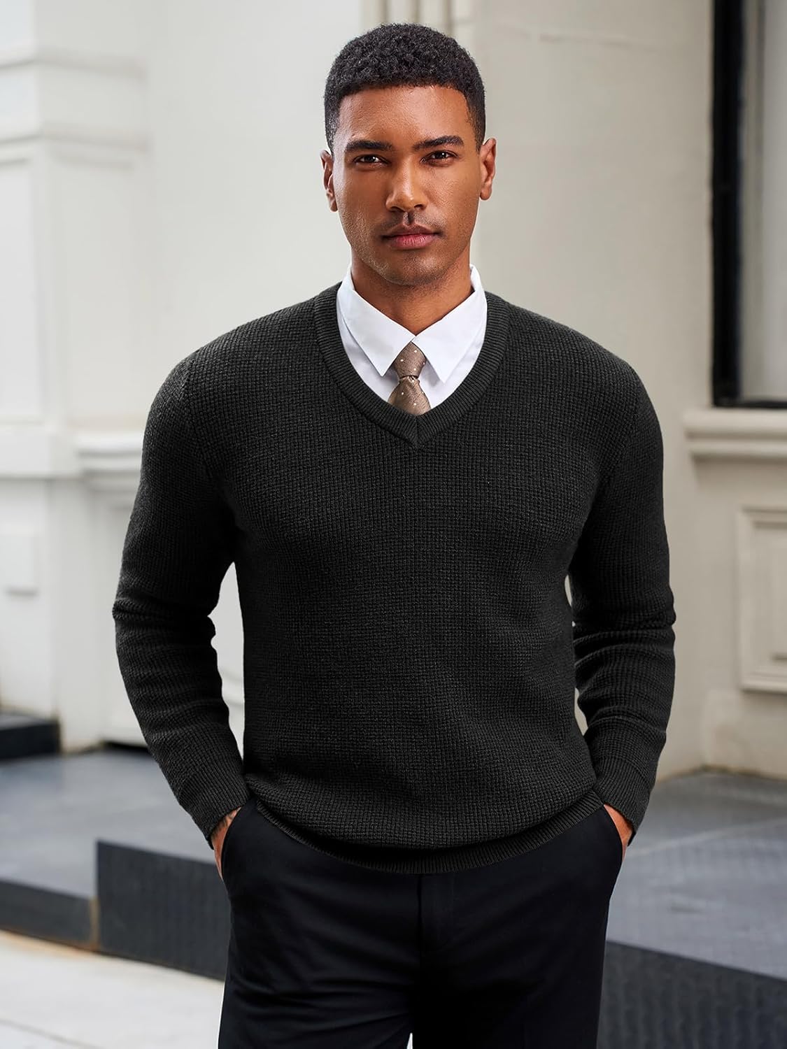 Runcati Mens V Neck Sweater Casual Waffle Knitted Pullover Slim Fit Fall Winter Basic Warm Sweaters - Image 2