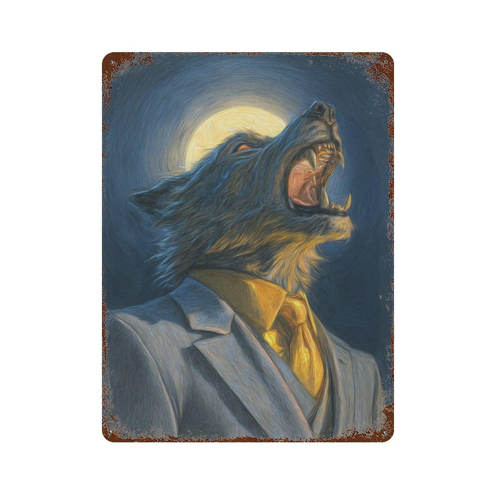 Decorative Tin Sign with Full Moon Wolf Howling Design 15.7"x11.8", for Basement, Hobby Room And Garage Decor, Rustic Home Decor