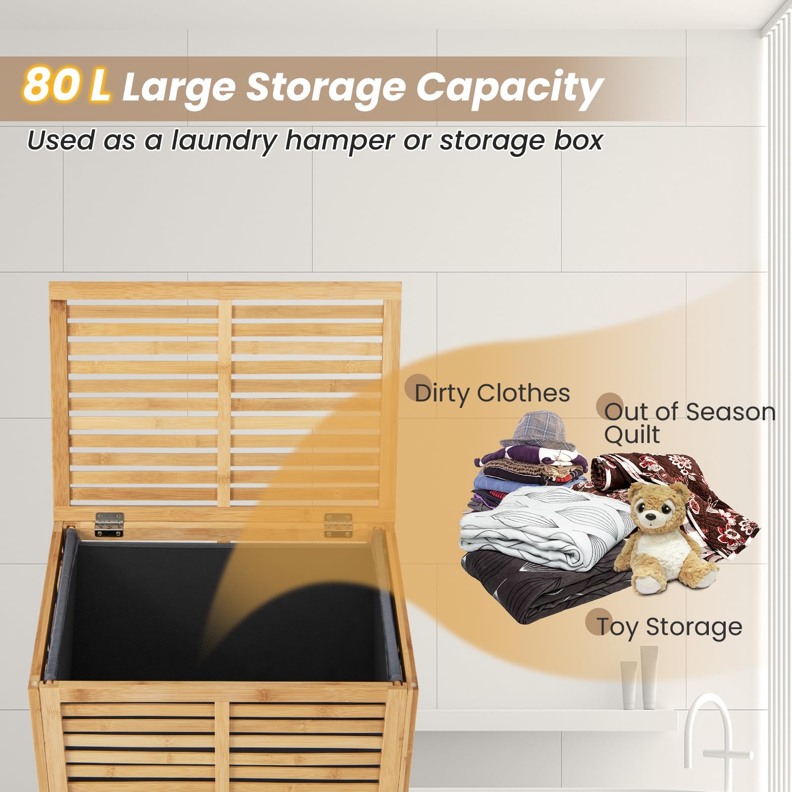 LIFEZEAL Panier à Linge avec Couvercle en Bambou 80 L, Corbeille à Linge Sale avec Sac en Tissu Amovible et Lavable, 50 x 35 x 62 cm, Naturel