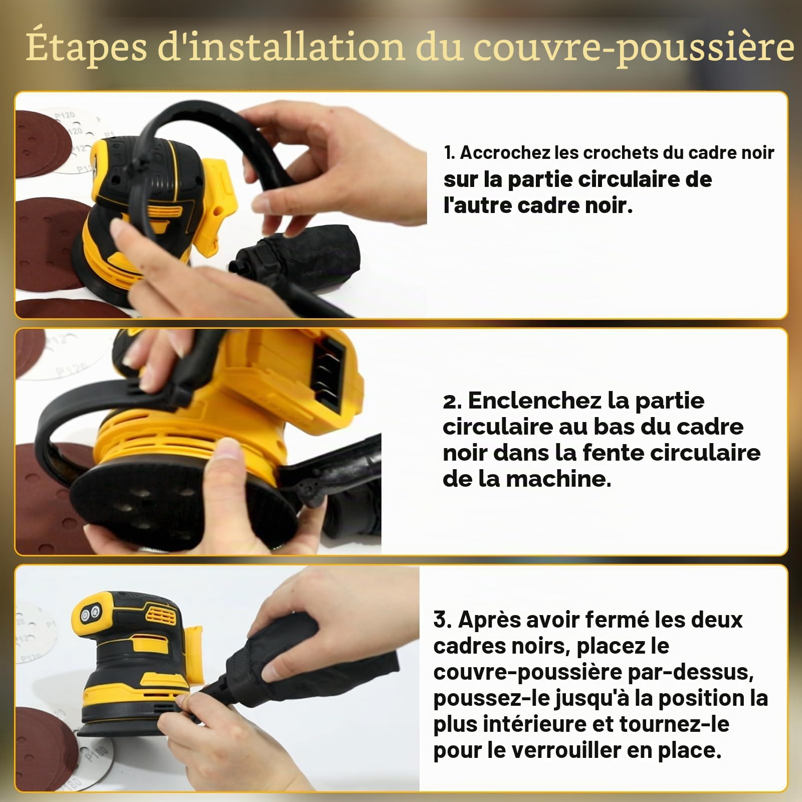 Ponceuse orbitale aléatoire sans fil 11 000 tr/min, compatible avec les batteries DEWALT 20 V. Fournie avec sac à poussière, capot de protection et papier abrasif pour le ponçage et le polissage