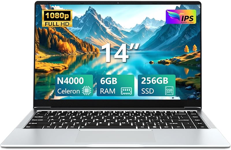 Ordinateur Portable 14,1 Pouces, PC Portable SSD 256 Go RAM 6 Go processeur Celeron N4000, Laptop écran 180°, Mini-HDMI, 2 Ports USB 3.0, Batterie 5000 mAh, Argent, Fin et léger