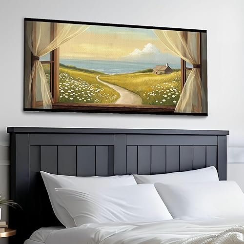 Miniatura 3 de Arte de pared costero vintage de 30 x 60 pulgadas, paisaje de ventana, granja, paisaje, naturaleza, pintura cálida, impresión sobre lienzo, arte de