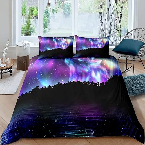 Feelyou Funda de edredón con estampado de galaxia y lobo salvaje, juego de ropa de cama con luz del norte para niños y adultos, cielo estrellado