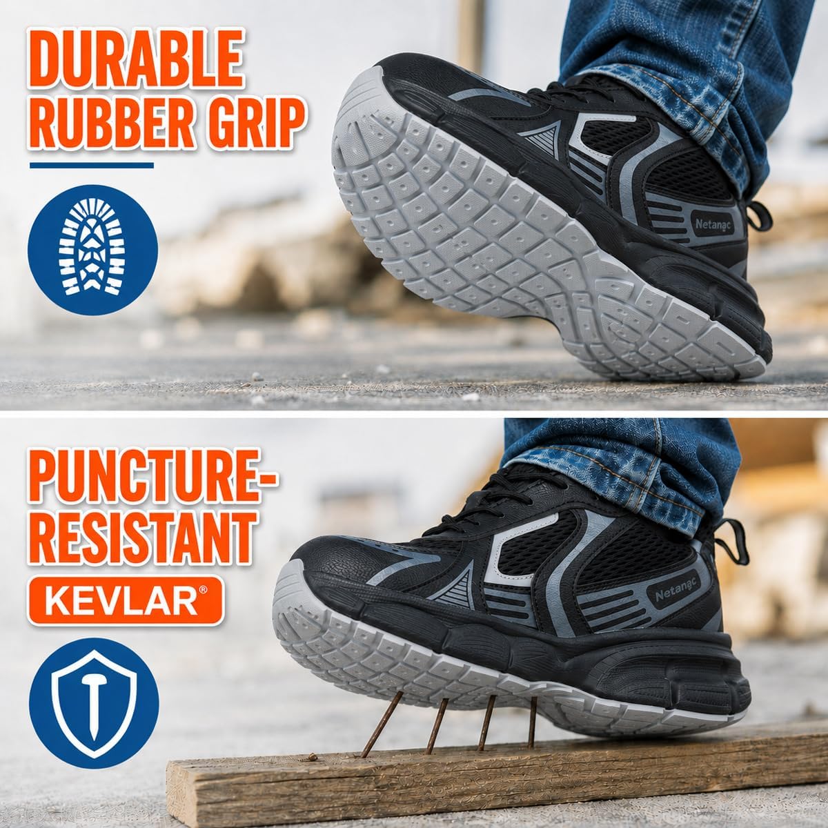 Breathable Steel Toe Work Shoes Men Women,Industrial Safety Sneaker | Reflective Trim,Puncture-Resistant Midsole,Cushioned Insole,Slip-Resistant Rubber Outsole,All-Day Comfort On Hard Floors