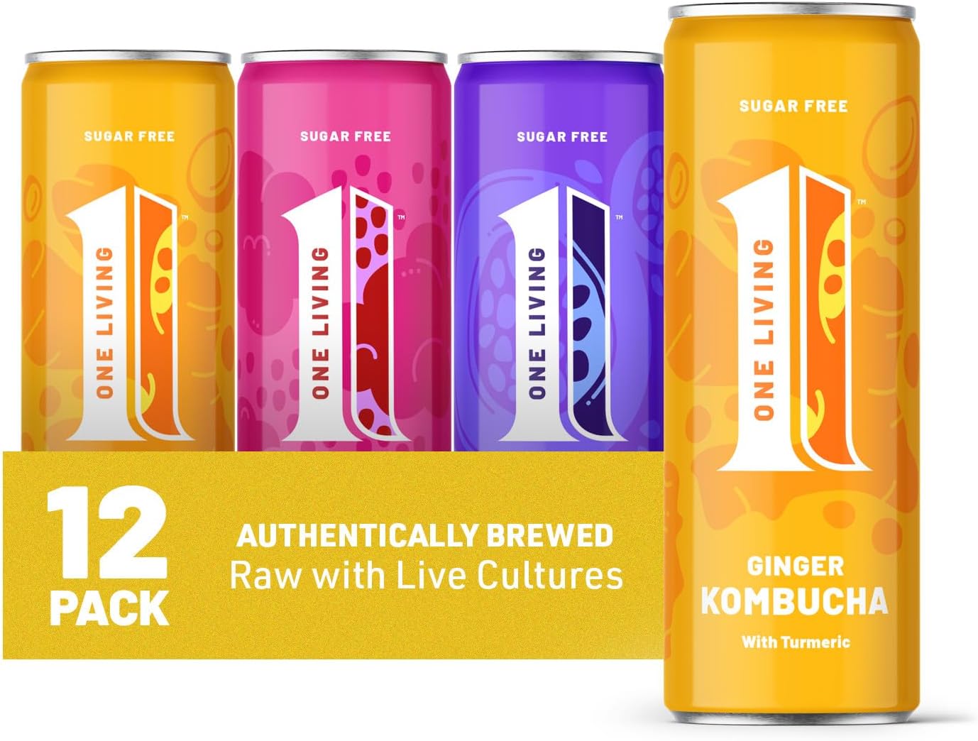 One Living Kombucha Drink - Mixed Pack - 12 x 250ml Cans - Ginger, Raspberry, Passion Fruit - Sugar Free, Great Tasting Kombucha with Live Cultures - Lightly Sparkling, 100% Natural, Vegan