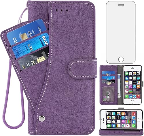 Asuwish Compatible con iPhone 55SSE 2016 Funda tipo cartera y protector de pantalla de vidrio templado, soporte para tarjetas de crédito, soporte