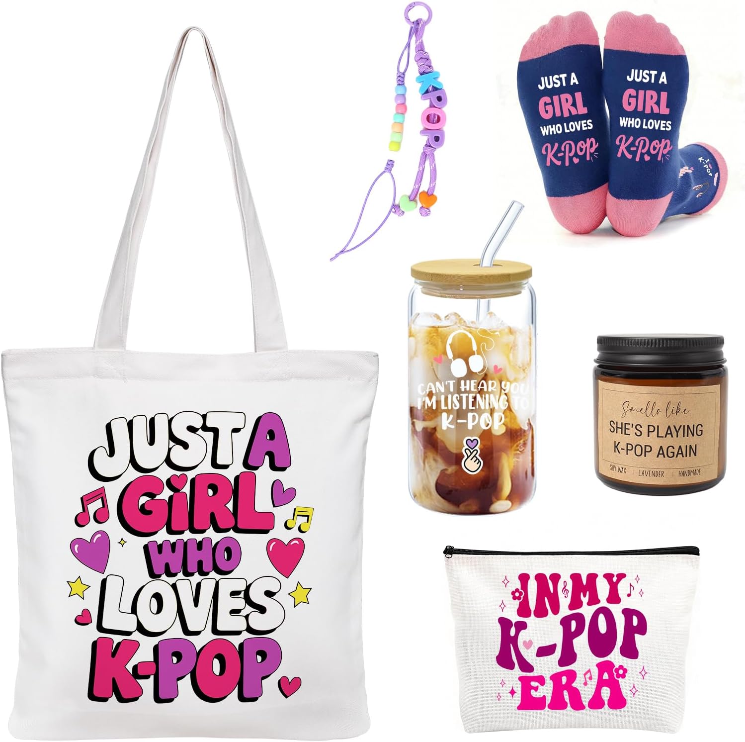 Kpop Gifts for Girls Music Fans Kpop Merch K-pop Stuff Just A Girl Who Loves K-pop Tote Bag Makeup bag Socks Keychain Gift for Girls Birthday