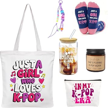 Kpop Gifts for Girls Music Fans Kpop Merch K-pop Stuff Just A Girl Who Loves K-pop Tote Bag Makeup bag Socks Keychain Gift for Girls Birthday