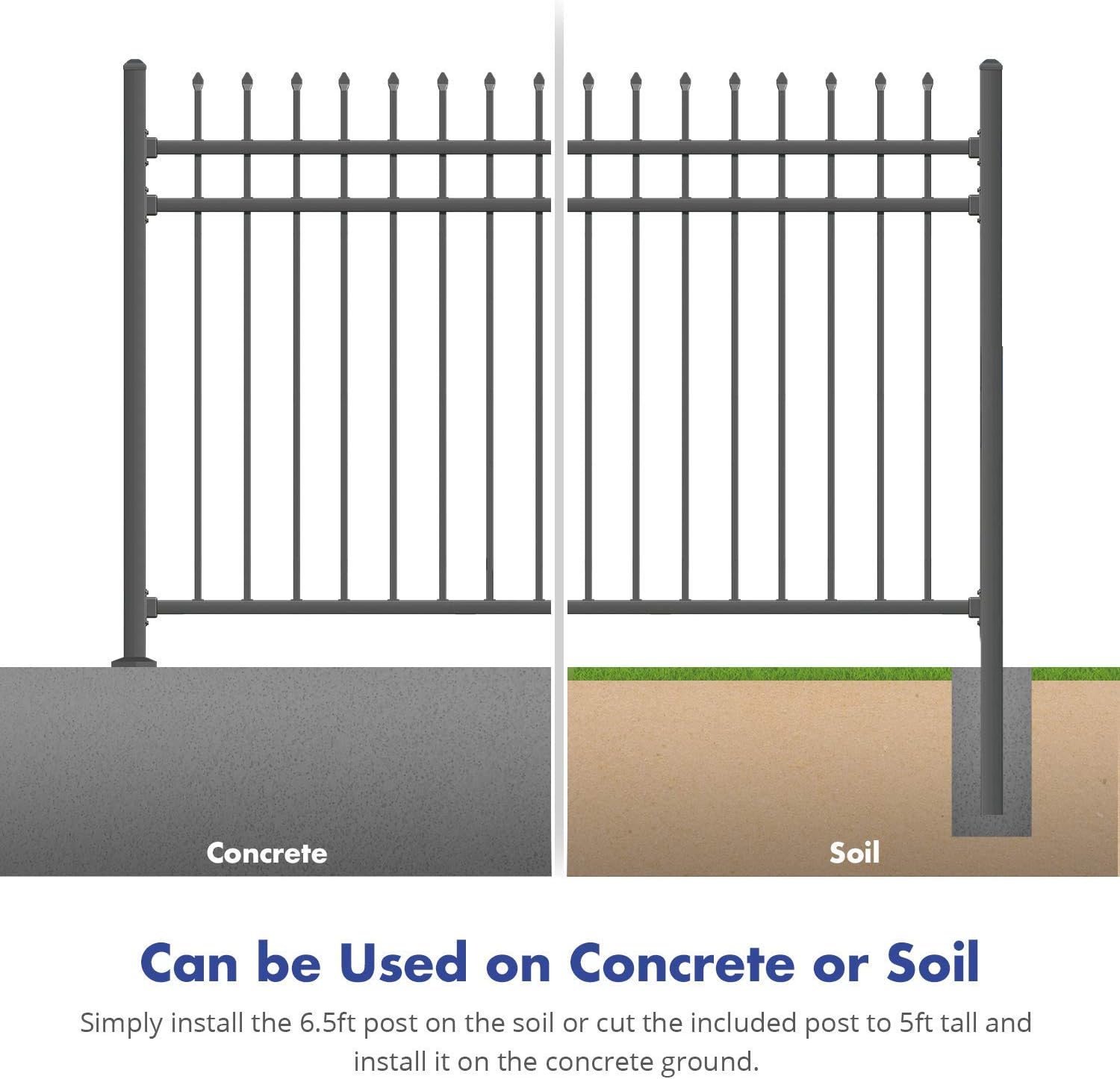 XCEL Black Steel Anti-Rust Fence Panel - Sharp End Pickets - 6.5ft W x 5ft H - Easy Installation - for Residential, Outdoor, Yard, Garden, Swimming Pool, on Concrete or Soil, 3-Rail, One Post included