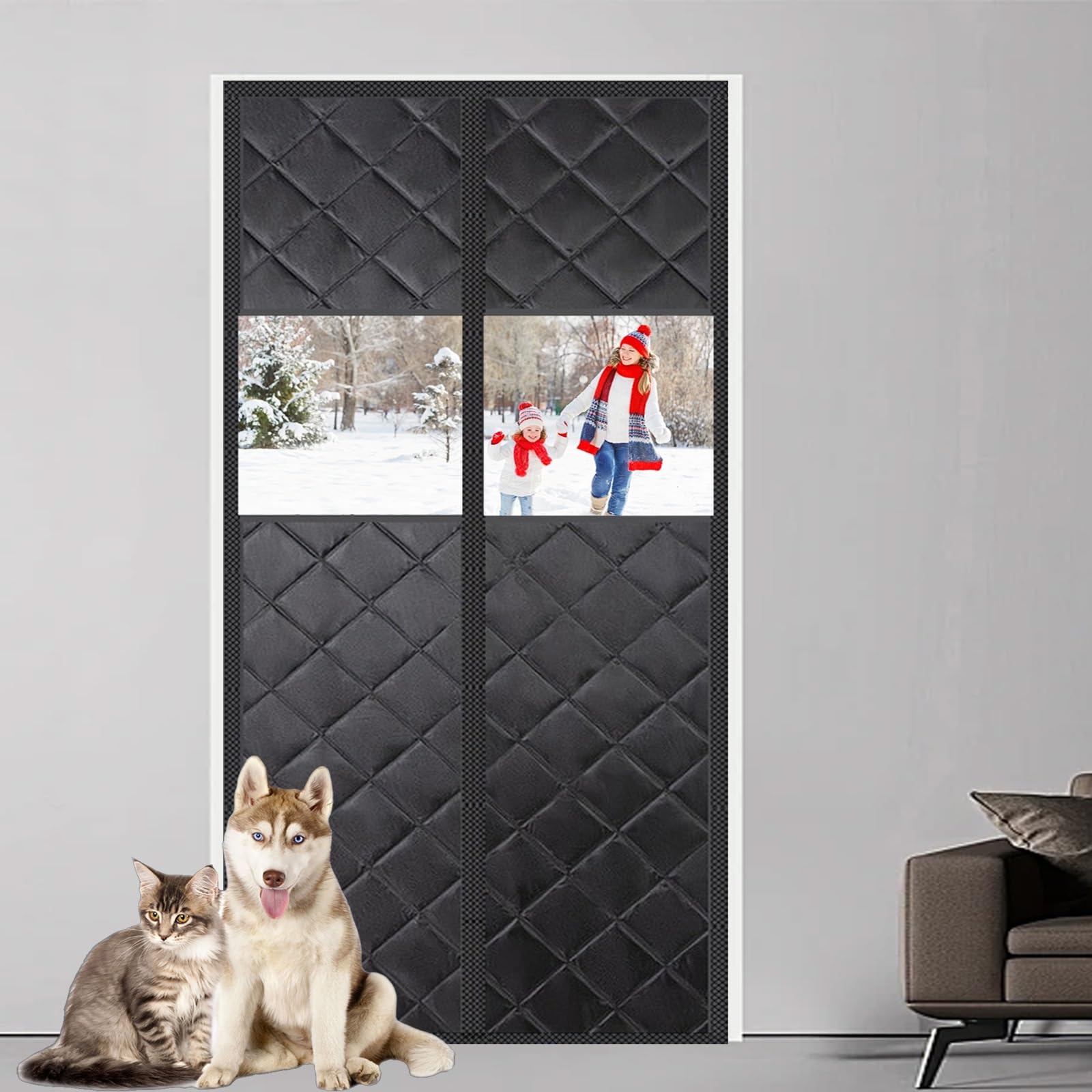 Rideau thermique pour porte de salon et chambre protection froid noir avec fenêtre