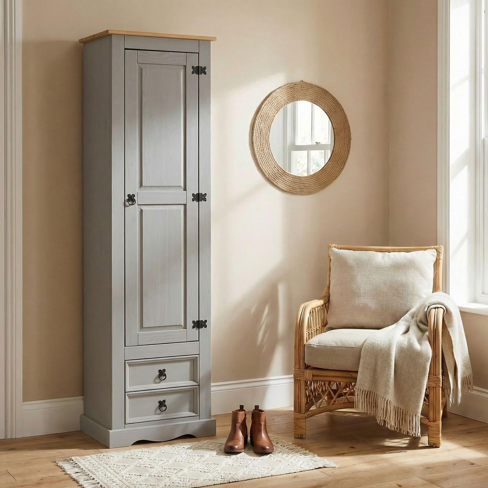 IDIMEX Armoire Tequila Meuble de Rangement avec 7 tablettes derrière 1 Porte battante et 2 tiroirs, en pin Massif lasuré Gris et Brun