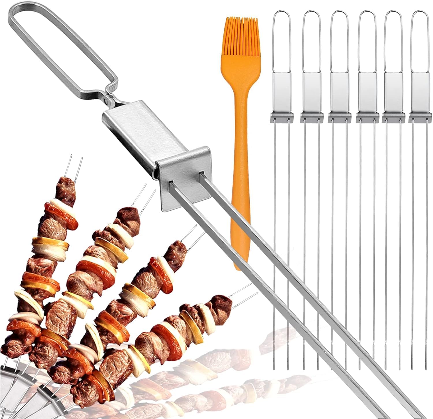 Skewers for Grilling- 17 inch (6 Pack) Double Pronged Flat Stainless Steel BBQ Skewer with Push Bar- Kabob Skewers Skewer Sticks for Camping or family - Reusable, BBQ Accessories