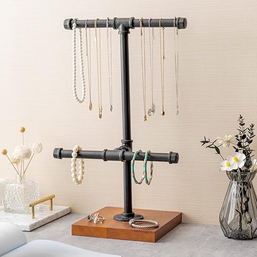 Miniatura 2 de MyGift Soporte organizador de joyas industrial de 2 niveles con barra en T soporte para pulseras y collares con base de madera quemada