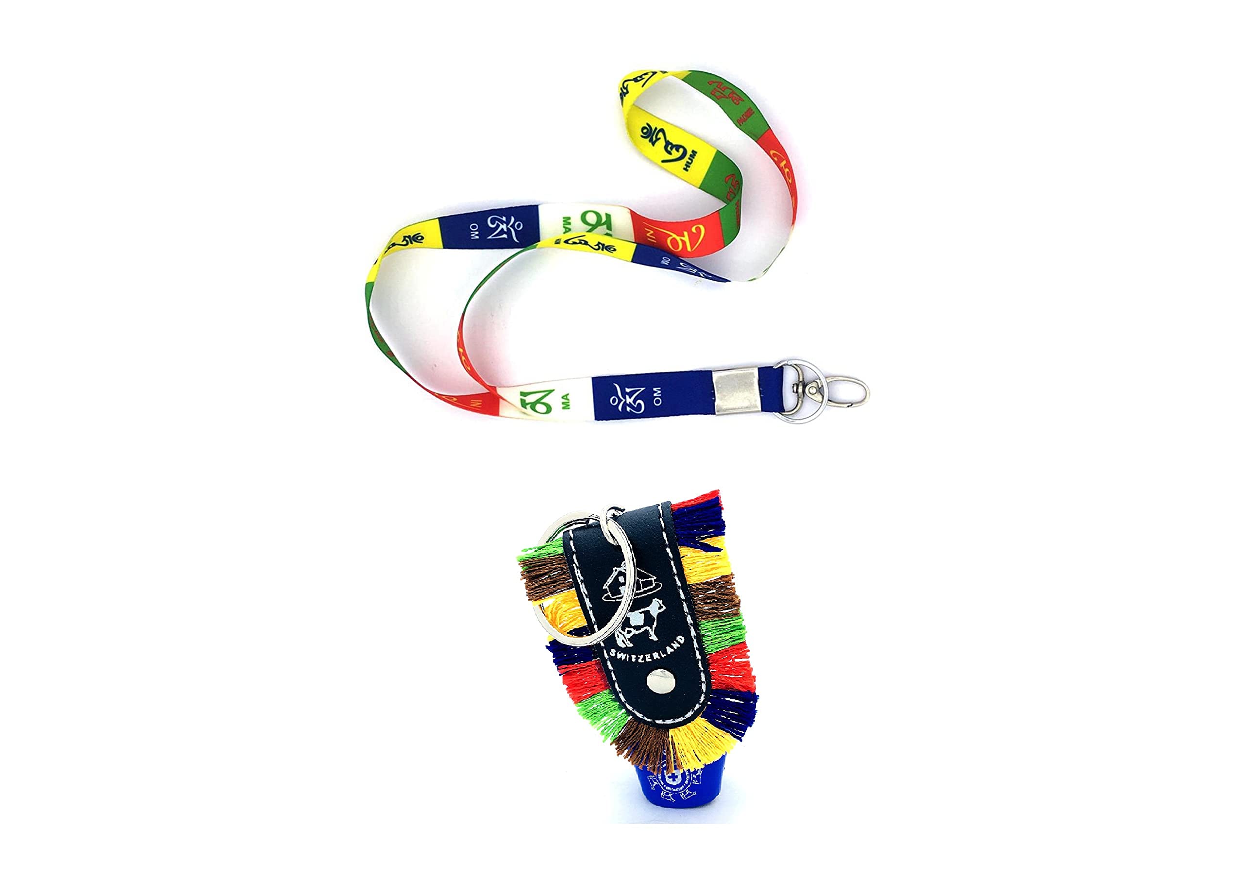 IndusSeller_ Tibet Keychain Lanyard Large Multicolor (Om Mani Padme Hum) & DDLJ (Dilwale Dulhania Le Jayenge) Switzerland Swiss Cow Bell Keychain for bike,car,bag etc Pack of 2 Combo