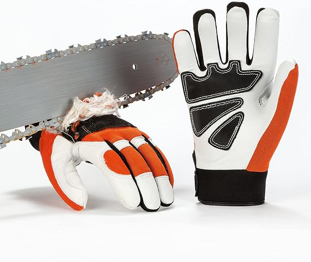 Vgo... Chainsaw Gloves, 12-Layer Chainsaw Protection, Safety leather Work Gloves, Mechanic Gloves(Size L,Orange,GA8912,1Pair)