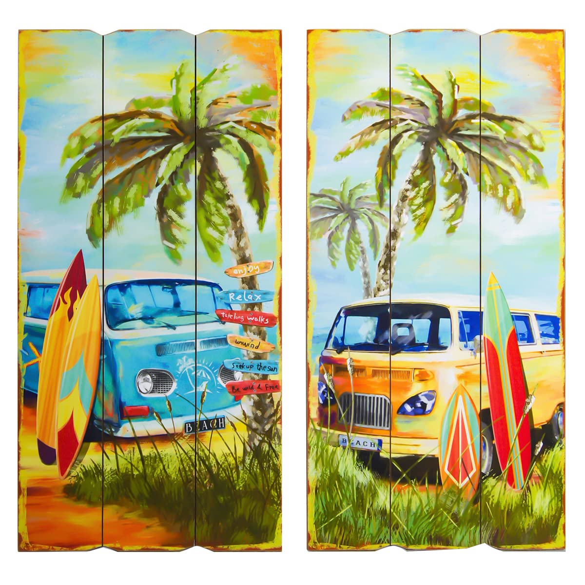 CAPRILO. Set de 2 Adornos Pared Decorativos de Madera Tablas Surf- Furgonetas. Cuadros y Apliques. Decoración Hogar Marinera. Muebles Auxiliares. Regalos Originales. 30 x 1,80 x 60 cm