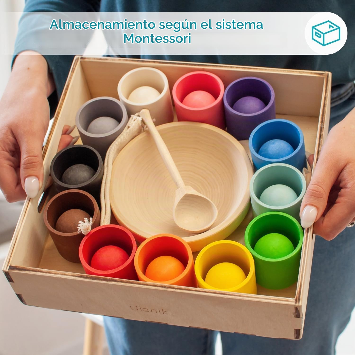 Ulanik Bolas en Vasos Set Completo Juguete Montessori 1 Año | Set abierto de clasificación en madera; 12 colores claros; bandeja y bolsa para guardar