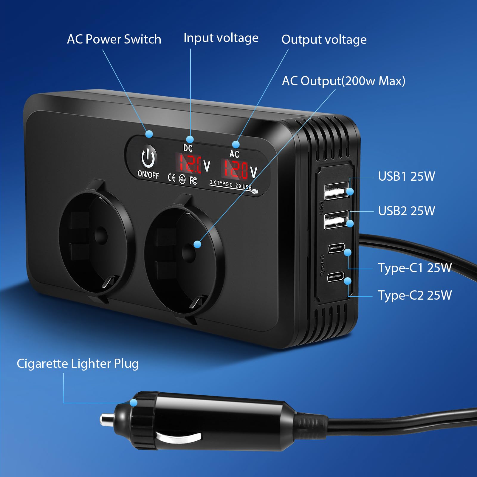 Encendedor de cigarrillos para coche CC a CA, inversor con doble pantalla LED, 200 W, convertidor de voltaje de 12 V a 230 V, con 2 enchufes y 2 USB-C 2 USB-A, cargador de coche con enchufe para
