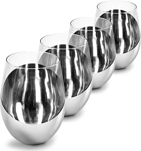 Miniatura 6 de MyGift Juego de Regalo de 4 Copas de Vino Sin Tallo Plateadas Premium de Alta Calidad, Vajilla Moderna Metálica con Detalles Elegantes, Regalo