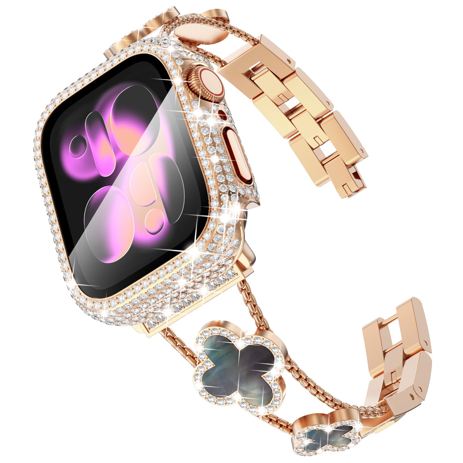 Surace Compatible with Apple Watch Bands for Women 46mm 45mm 44mm 42mm, Jewelry Diamond Rhinestone Metal Wristband Clover Strap with Bling Protective