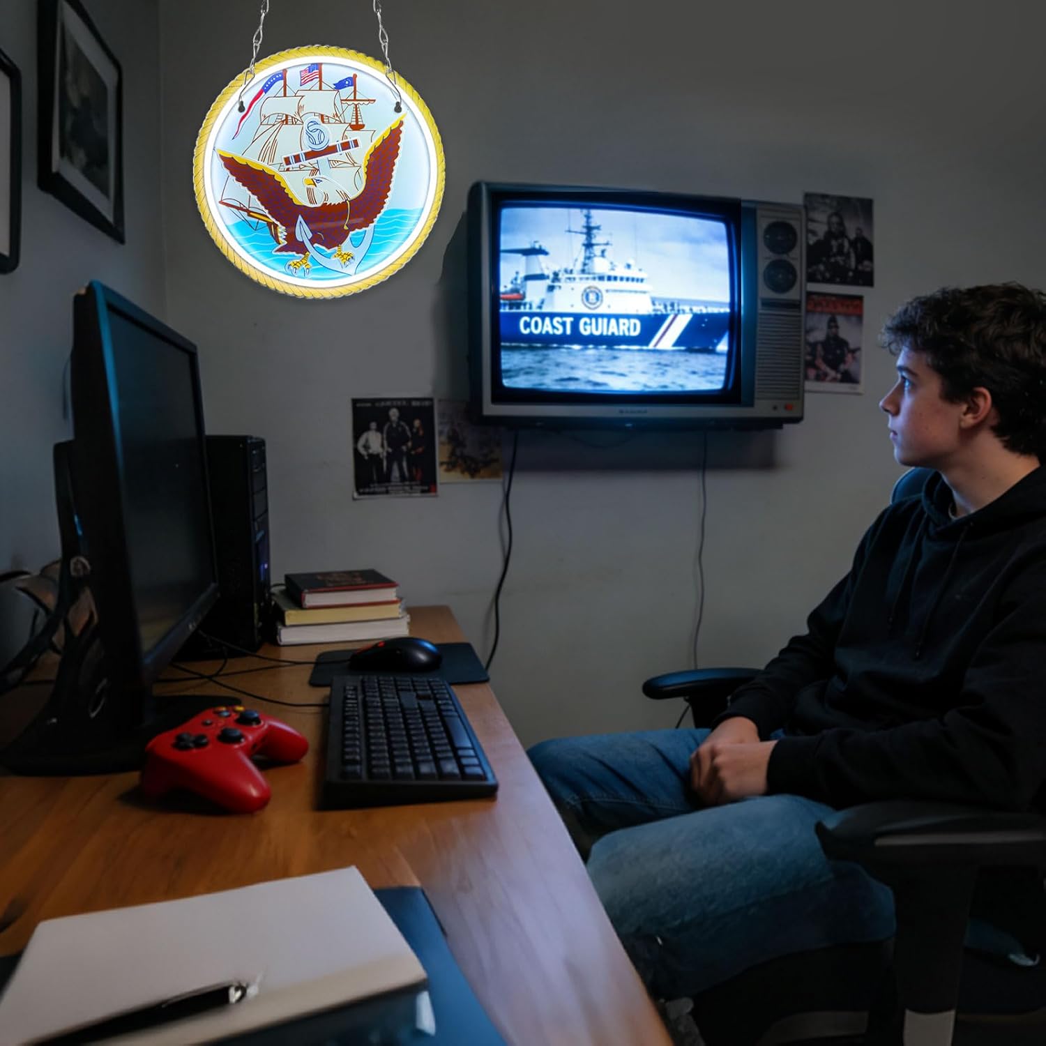 LED Navy Neon Sign Lights Veteran Neon Signs Wall Decor for Man Cave Bedroom Bar Army Themed Gift Art for Christmas Party-12.6×12.6 IN-USB Powered-Acrylic - Image 2