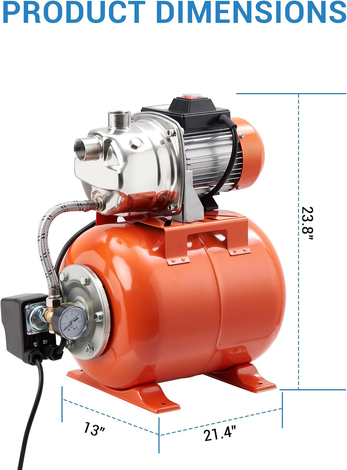 3/4 HP Shallow Well Pump 850 GPH Flow Rate with 115V Auto Pressure Switch Stainless Steel Pressure Tank for Home Garden Lawn Sprinkler Irrigation High Efficiency Durable Winter Proof Design