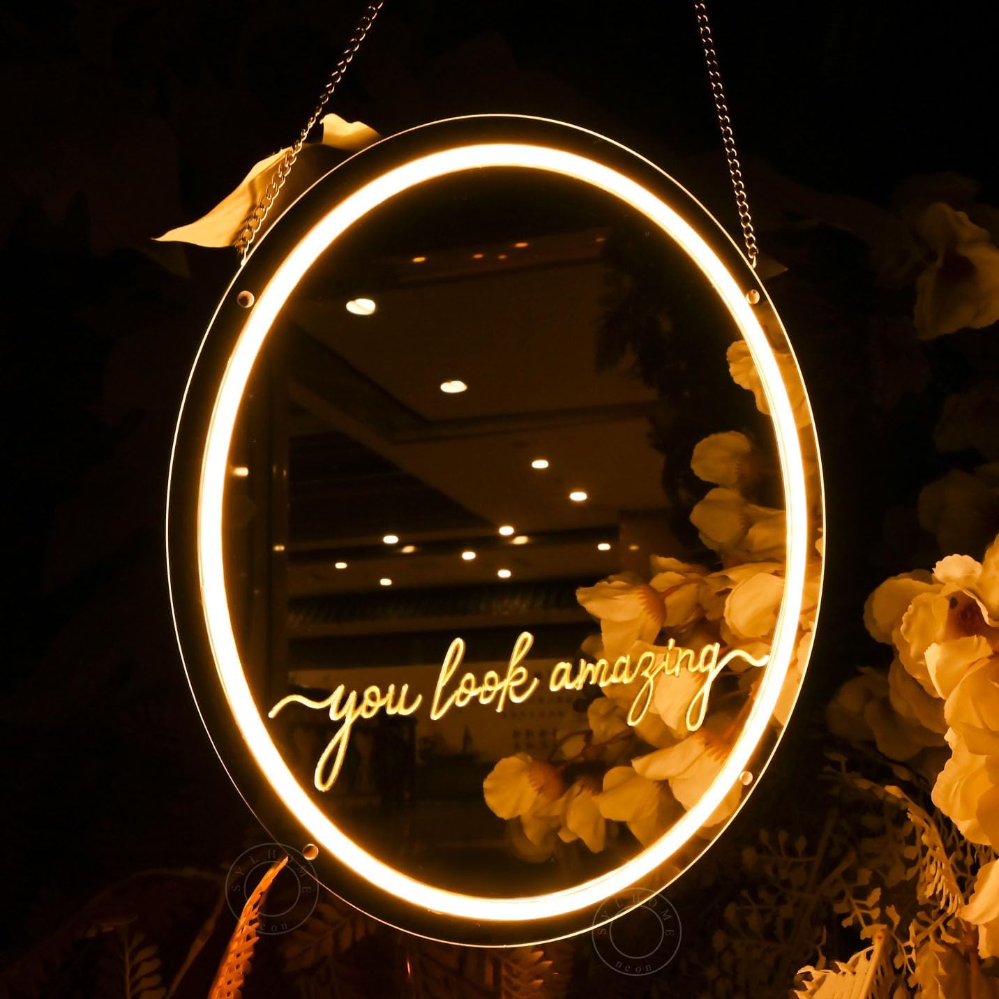 SYLHOME Mirror Led Neon Light Sign You Look Amazing Bedroom Girls Room Dresser Wall Sign Decor Birthday Party Christmas Gifts 13.78" X 11.81" USB Warm White
