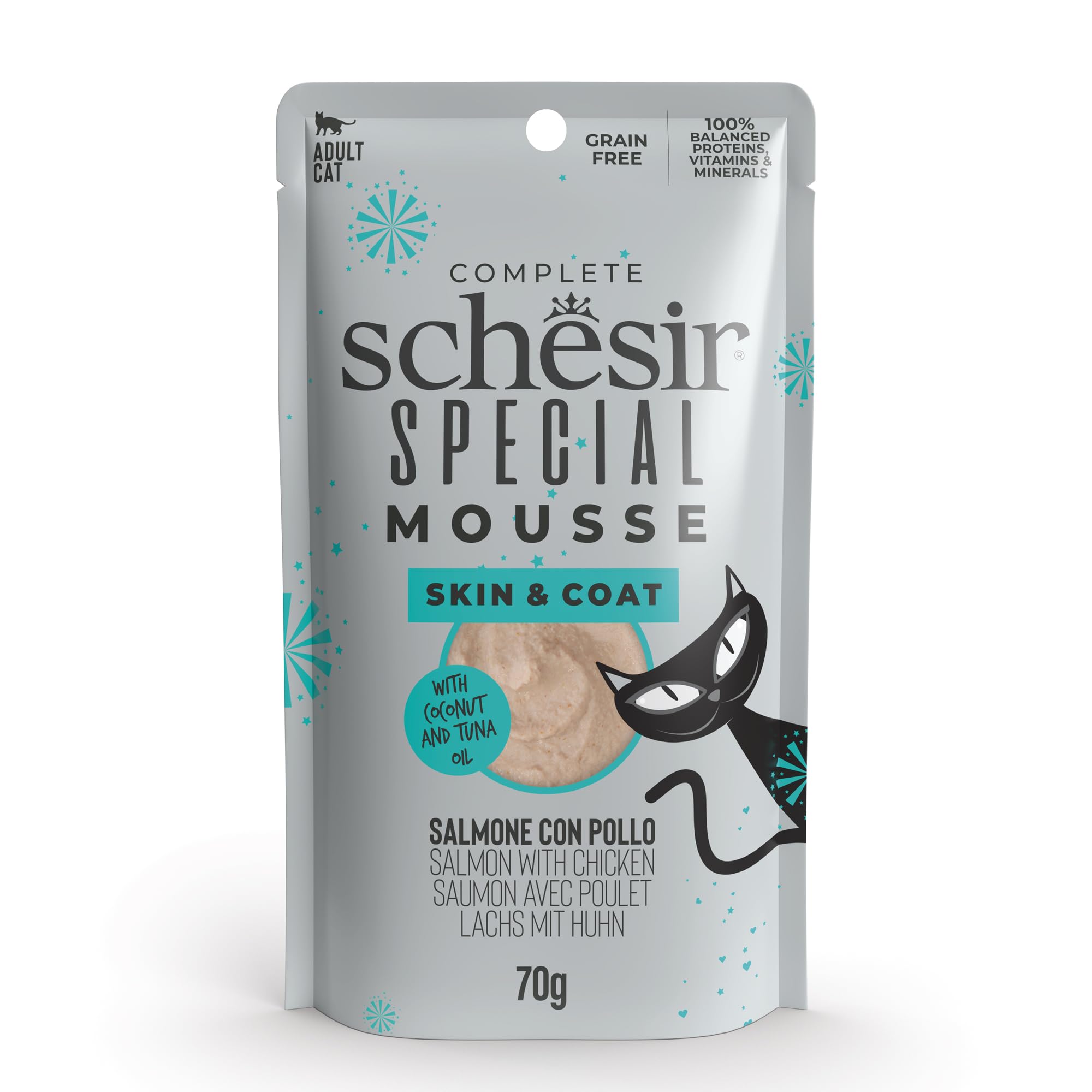 Schesir Special Skin and Coat, Lachsfilets Mit Huhn In Mousse, Vollständiges Nassfutter Für Katzen, Im Beutel, Getreidefrei, Hoher Proteingehalt, Reich An Feuchtigkeit, 12 X 70 G