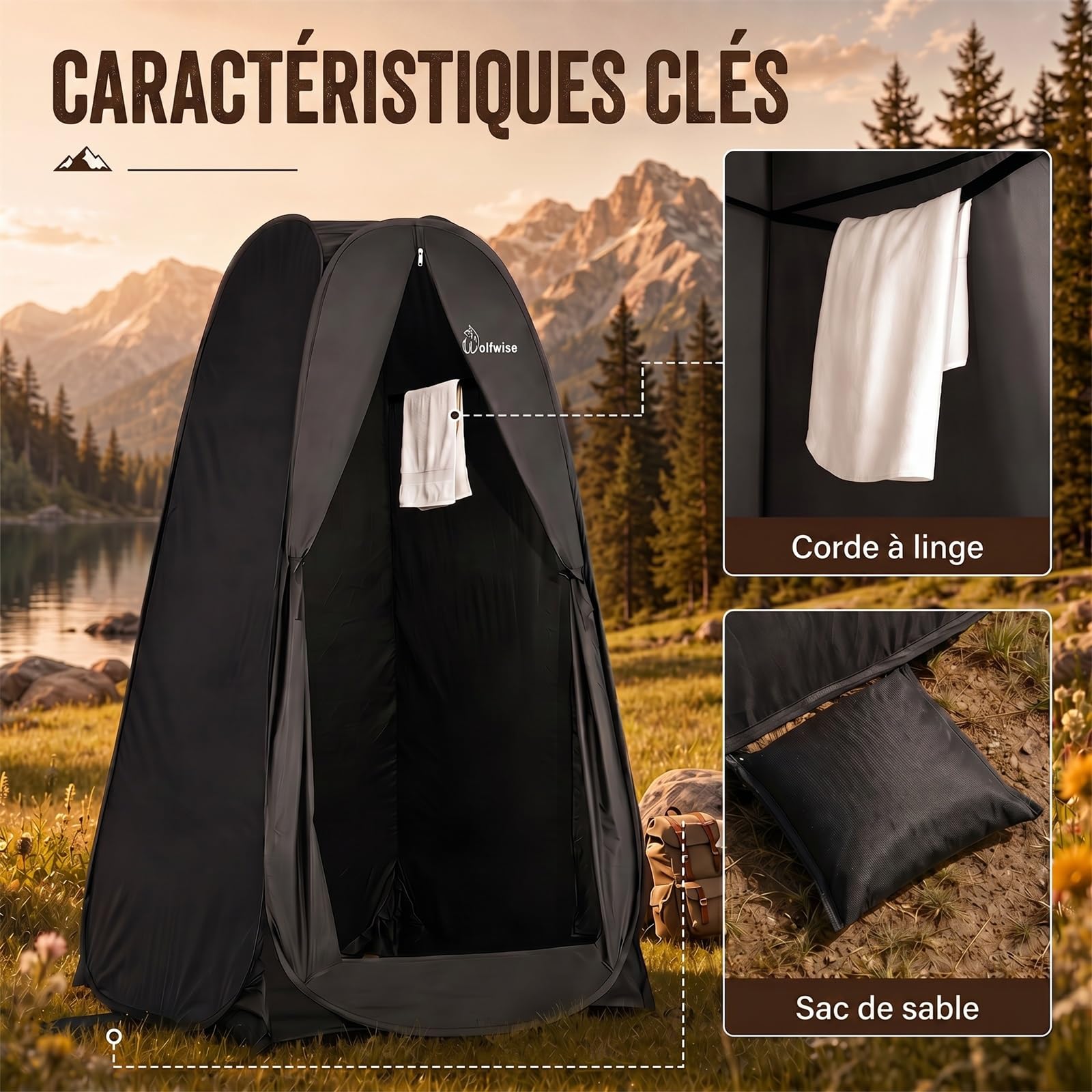 WolfWise Tente de Douche Pop Up Toilette Cabinet de Changement Camping Abri de Plein Air Vestiaire Extérieure Intérieure Portable, Largeur 39" (98 cm), Hauteur 69" (175 cm), Noir