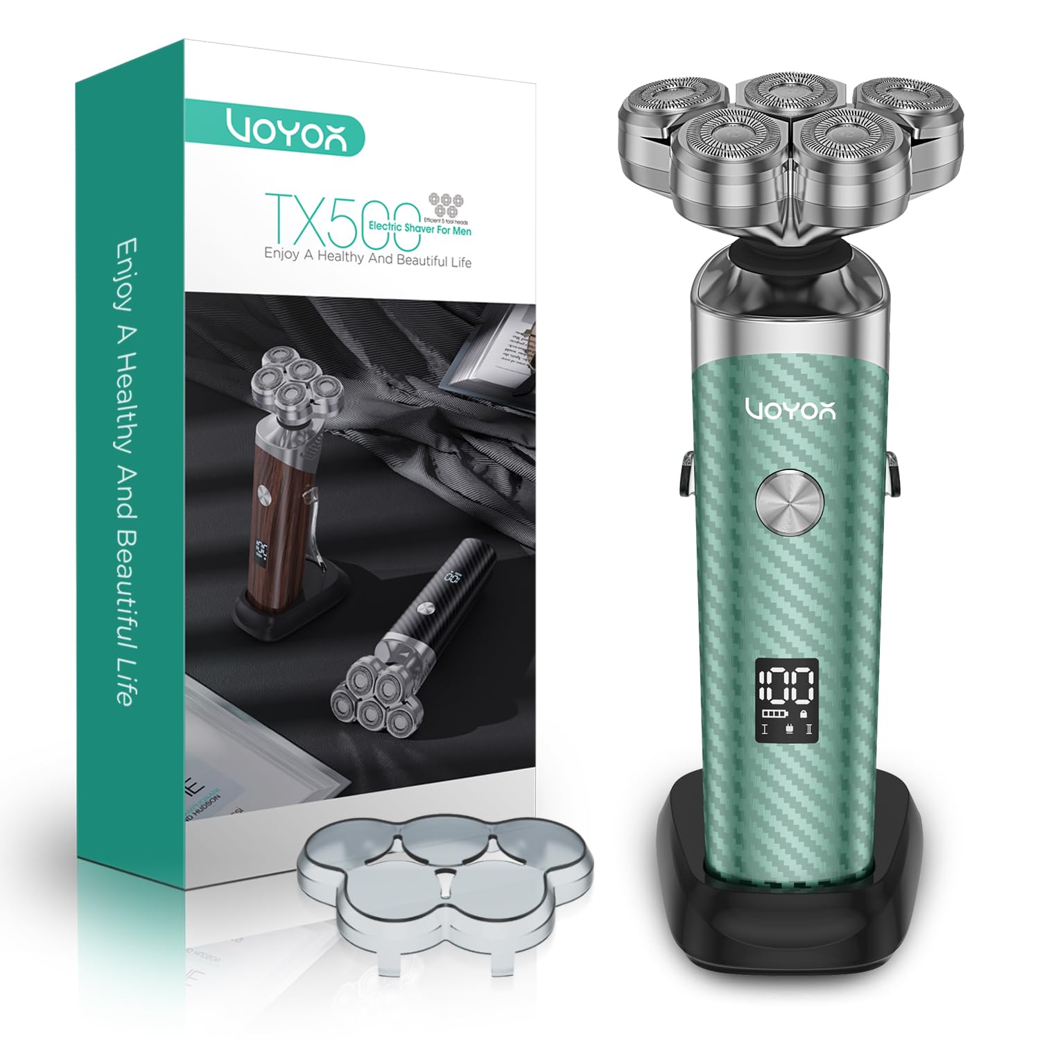 VOYOR Afeitadora Electrica Hombre Recargable Maquina De Afeitar Masculina Con Cabezale Flotante 5D Diseño, Afeitadora Uso En Seco Y Húmedo, Maquina Afeitar Hombre Pantalla LED TX500 (Verde)