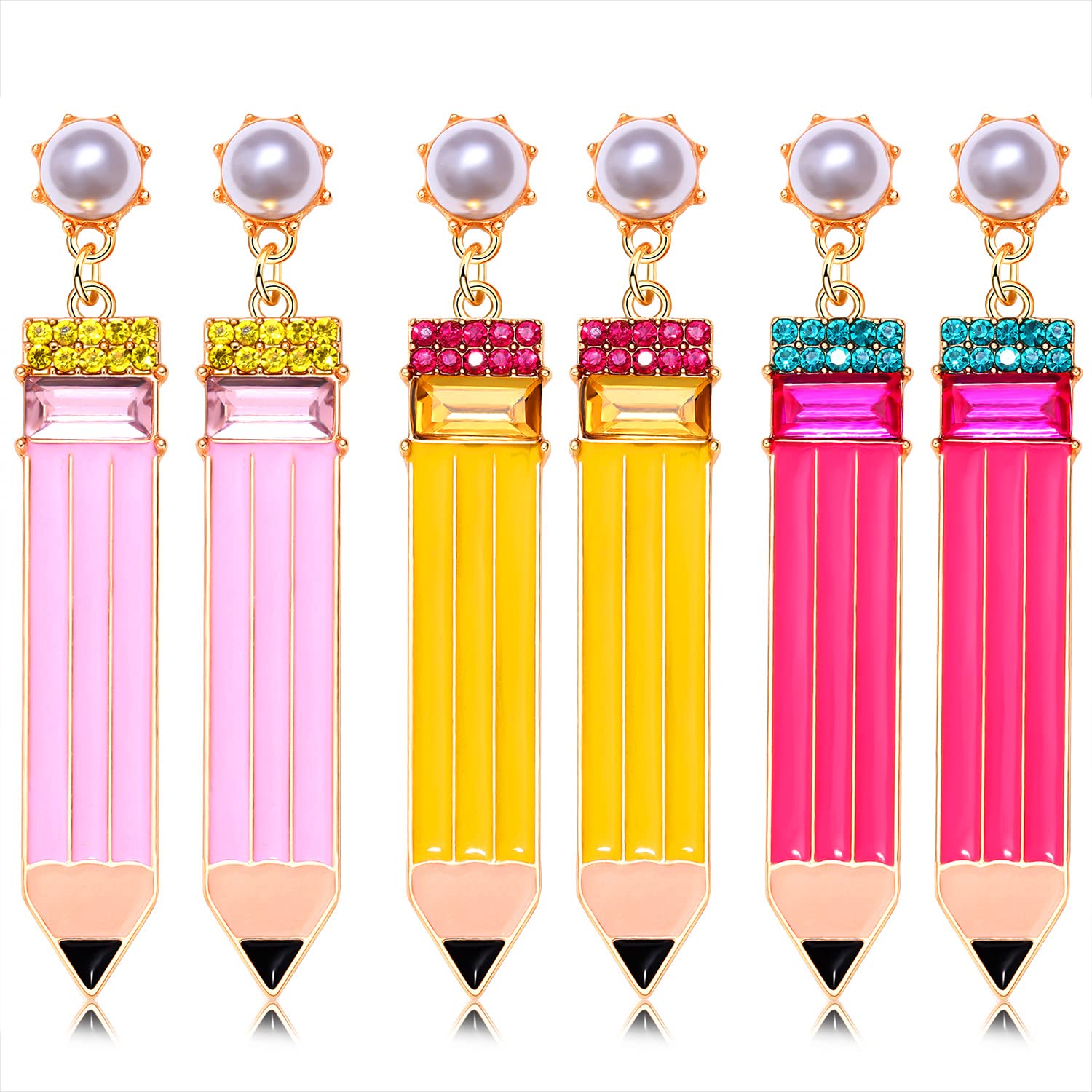 2/3 Pairs Pencil Earrings - Rhinestone Beaded Dangle Drop Earrings for Women - Colorful Teacher Appreciation Gift Set