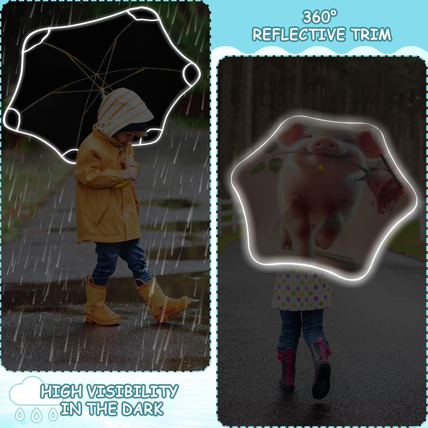 ODAWA Pig Rose Pink Stick Umbrellas for Children with Rounded Corner Rounded Corner Umbrellas for Rain Age 3-8