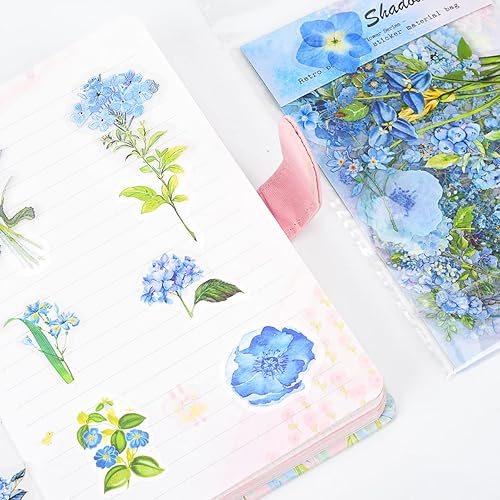 Miniatura 5 de Juego de 100 calcomanías de flores azules, lindas hojas florales, calcomanías impermeables transparentes para planificadores de diario, álbumes de