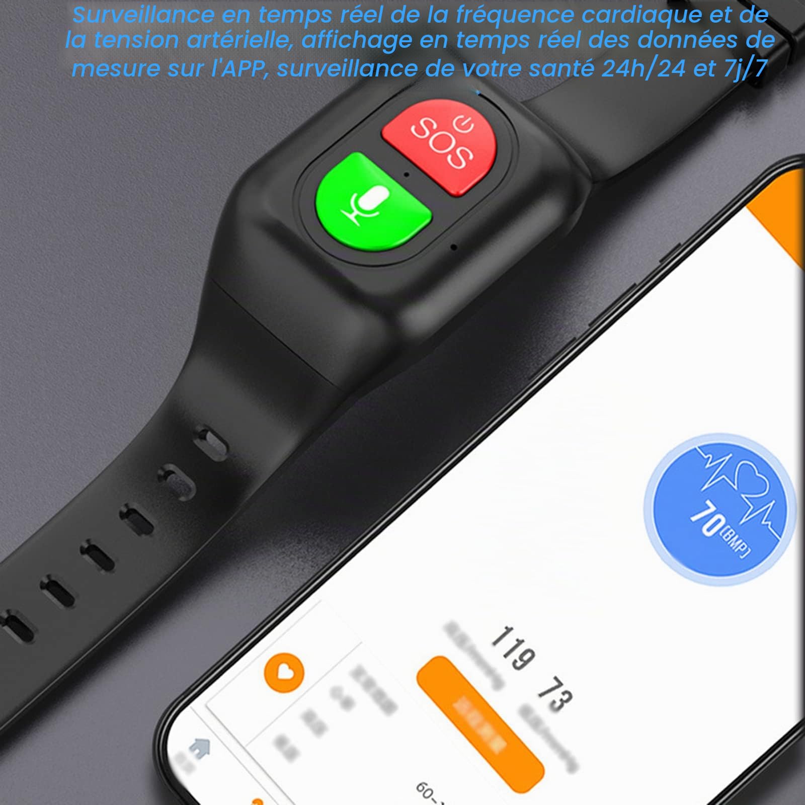 Bracelet Sos Montre De Téléphone Étanche Intelligente Anti-Perte Tracker GPS avec Détecteur de Chute Bouton Panique SOS Téléphone étanche pour Android iOS (Noir)