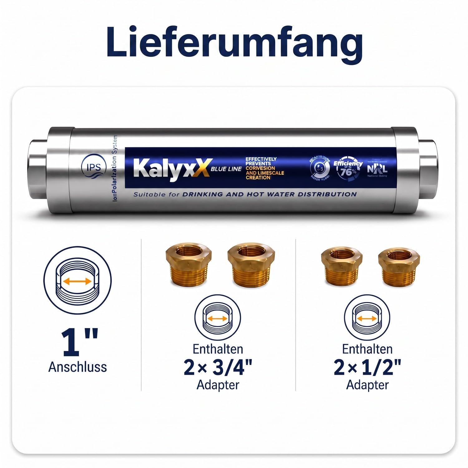 KalyxX IPSKXBBG11234 IPSKXBBG11234 - Addolcitore d'acqua alternativo, con connettore da 1", 3/4" e 1/2", fino al 76% in meno di depositi di calcare, senza sale, prodotto in UE