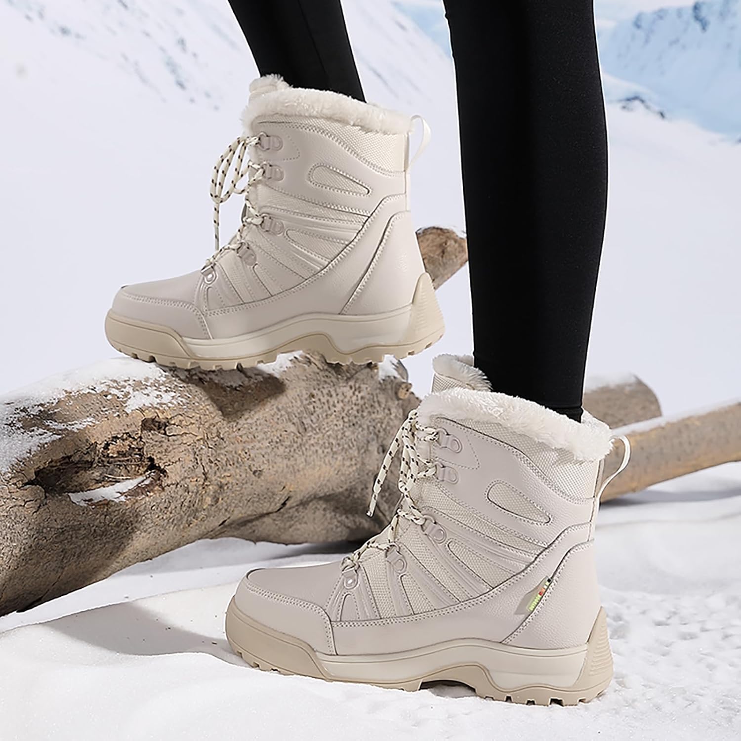 Women's Winter Warm Fur Lined Snow Boots Lace-Up Waterproof Lug sole Mid-Calf Hiking Boots
