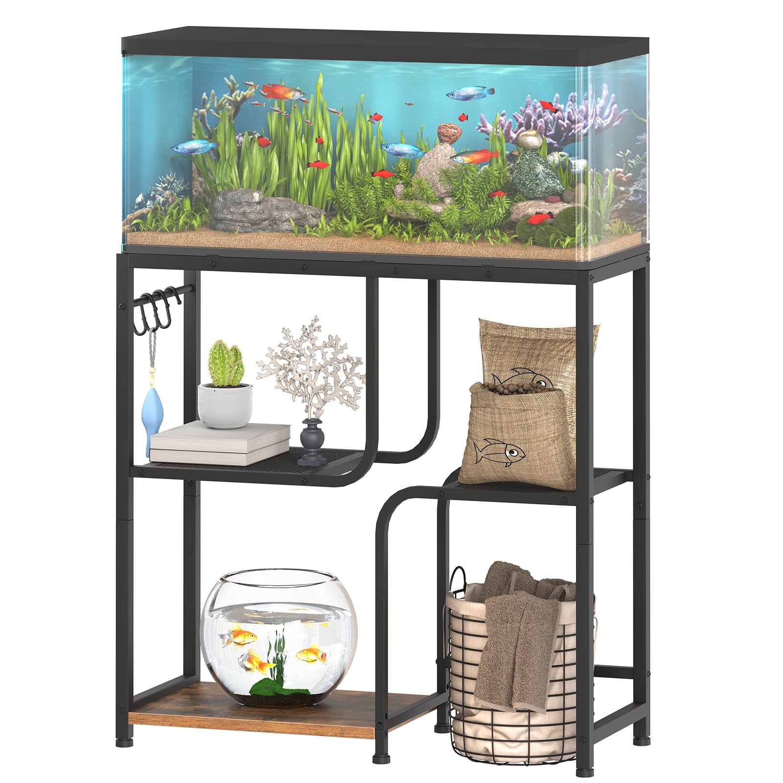 HOOBRO Support pour Aquarium de 76 L avec Tringle et 3 Crochets en S, Support pour Terrarium à 6 Pieds Réglables, avec 2 Étagères Grillagées et 1 Tablette, Chambre, Marron Rustique et Noir EBF74FT01